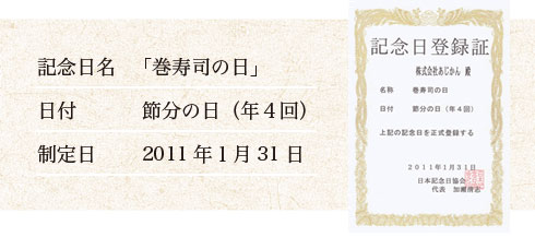 巻寿司の日記念日登録証
